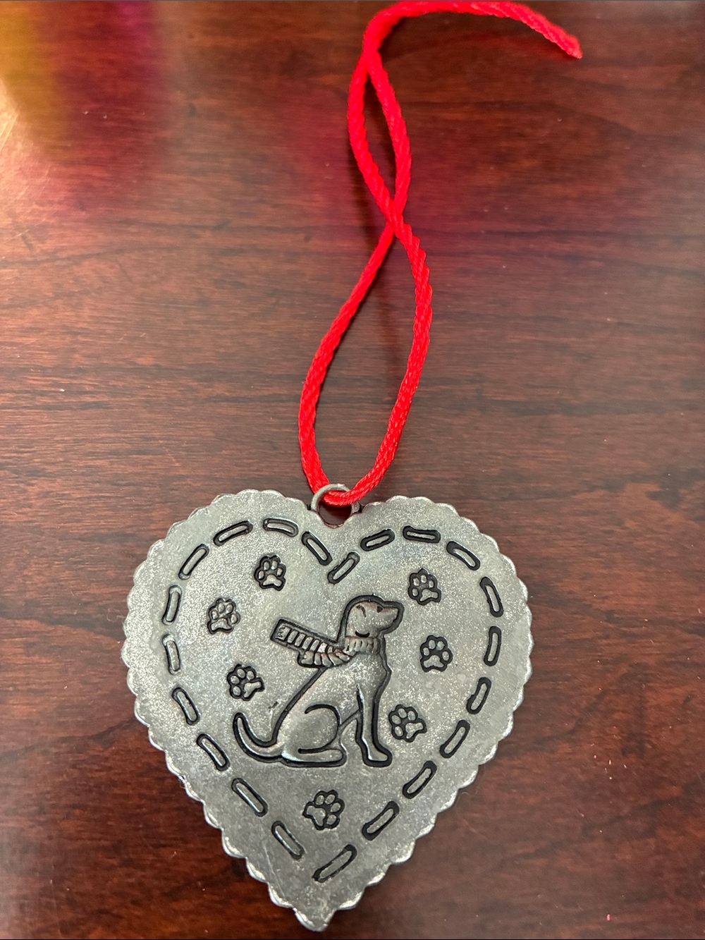 Dog Heart Ornament in Silver with Red Ribbon - Pet Décor